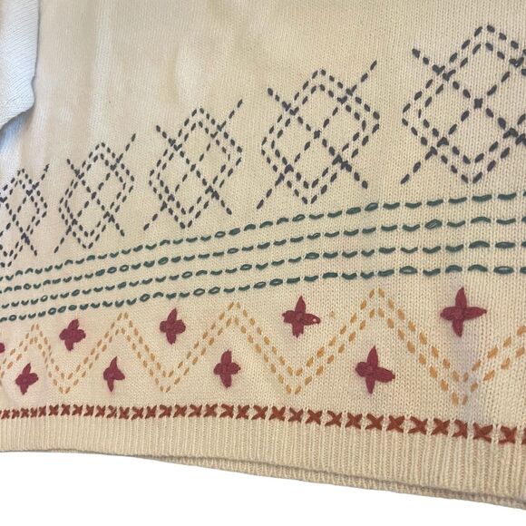 Womens Scandi Nordic Embroidered Ivory Sweater Sz M Rustic Cabincore Cozy VTG - Picture 5 of 16